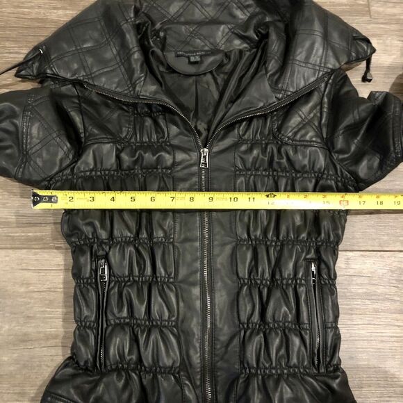 Katherine Barclay Faux Leather Coat Small Black Puffer Stretch Funnel Neck - Picture 11 of 14